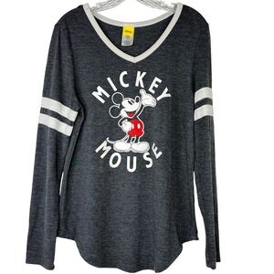 Disney‎ Mickey Mouse Jrs Lg Sleeve V Neck T Shirt Gray White Striped Sleeve Sz L